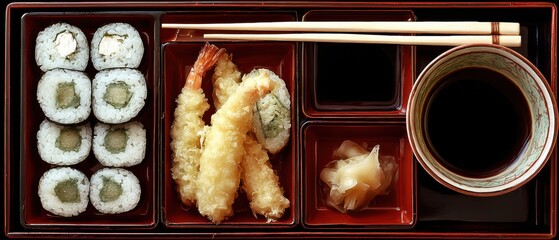 Bento Box Overhead View Japanese Cuisine with Sushi Tempura Soy Sauce and Ginger in Traditional Lacquered Container