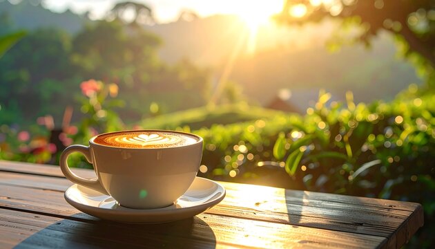 Latte art on wood surface, bright sun filtering through trees, blurred background of lush green foliage - Powered by Adobe