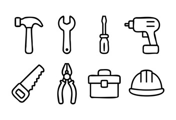 Various hand tools are arranged neatly on a white background, including a hammer, wrench, screwdriver, drill, saw, pliers, toolbox, and hard hat, ready for use in repairs.