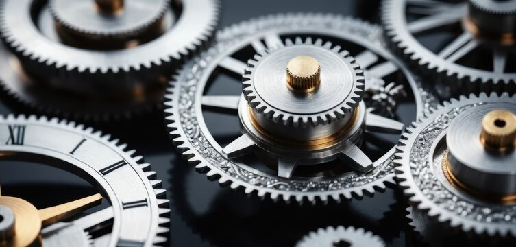 Intricate metallic clockwork gears interlocking showcasing detailed craftsmanship and precision engineering