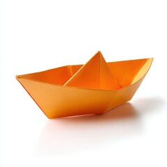 Orange paper origami boat isolated on white background