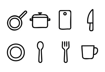 Various kitchen tools and utensils are illustrated in a minimalistic line art style. Items include a strainer, pot, cutting board, knife, plate, spoon, fork, and cup.