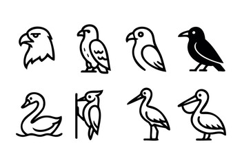 Fototapeta premium A collection of bird illustrations displays different species, including eagles, swans, and pelicans, each shown in a simple, line-drawn style. The designs capture the essence of each bird.