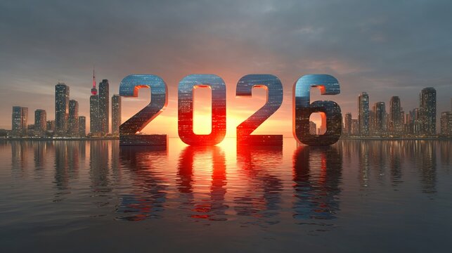 2026 emerging cityscape reflecting new year sunset