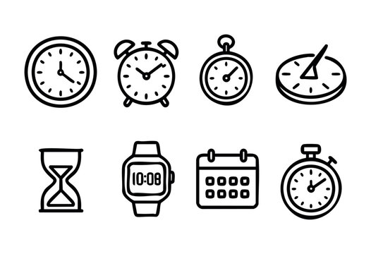 Various clocks and timekeeping devices are displayed in a simple black and white design. The collection includes wall clocks, alarm clocks, a stopwatch, and an hourglass.