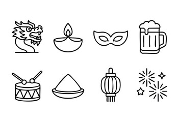 Various symbols of cultural celebrations include a dragon, lamps, festive masks, drums, and fireworks. These elements showcase vibrant traditions and joyous gatherings.