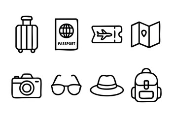 A collection of travel essentials includes a suitcase, passport, flight ticket, map, camera, sunglasses, hat, and backpack, all set for an upcoming journey and exciting experiences.