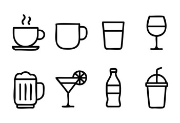 A collection of drink icons includes coffee, tea, beer, cocktails, and soda in minimalist line art style, showcasing popular beverage choices for casual settings.