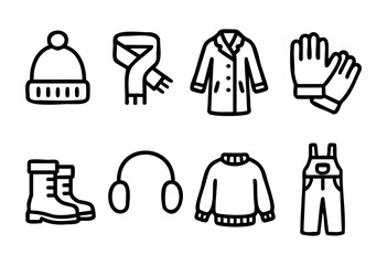 Various winter clothing essentials are arranged, showcasing a hat, scarf, coat, gloves, boots, ear muffs, sweater, and overalls for chilly weather.