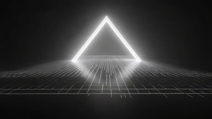 Glowing neon triangle on futuristic digital grid reflecting light - Powered by Adobe