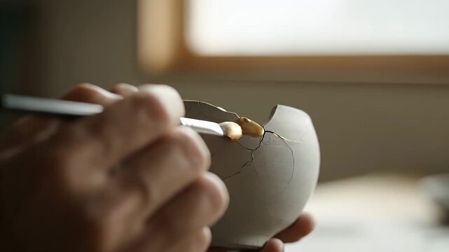 Traditional Kintsugi artisan restoring broken pottery with golden paint