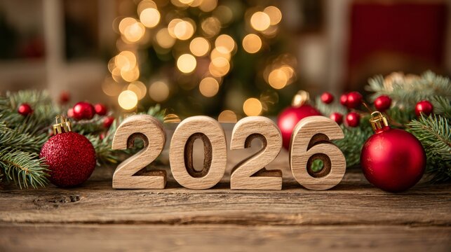 2026 wooden numbers with christmas rustic decoration