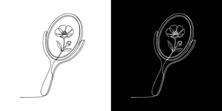 Mirror reflecting a flower, International Women's Day, isolated vector image in line art style, two design options on transparent and black backgrounds
   - Powered by Adobe