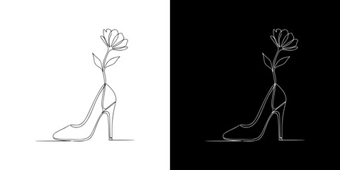 High-heeled shoe with flower, International Women's Day, isolated vector image in line art style, two design options on transparent and black backgrounds 