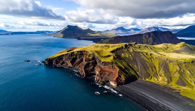 Dramatic Icelandic Coastline - Volcanic Cliffs and Black Sand Beach. - Powered by Adobe