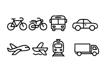 Fototapeta premium Simple drawings depict various modes of transportation such as bicycles, cars, buses, and airplanes, showcasing the diversity in travel options people can use daily.