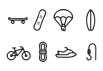 Fototapeta premium Different icons represent popular outdoor sports including skateboarding, surfing, cycling, and water activities. Each icon highlights unique equipment used for each sport.