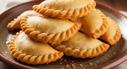 Stack of golden brown baked empanadas with crimped edges on a rustic brown plate pastry food
