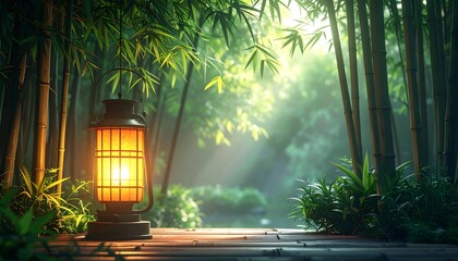 Glowing lantern on wooden boards surrounded by bamboo in a serene, bright, sun-dappled, overgrown, zen-like landscape