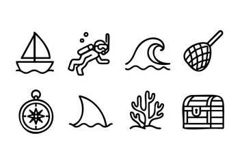 Icons depict a variety of water activities including sailing, snorkeling, and exploring marine life. Each symbol represents an exciting adventure on the ocean and its treasures.