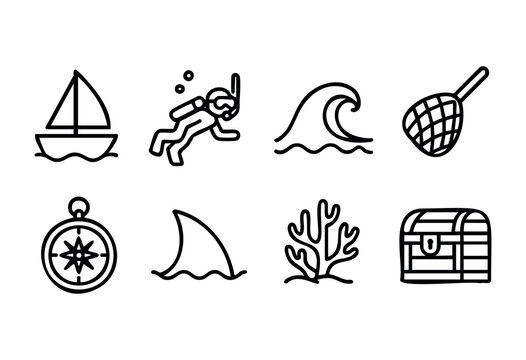 Icons depict a variety of water activities including sailing, snorkeling, and exploring marine life. Each symbol represents an exciting adventure on the ocean and its treasures.