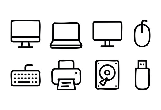 Various computer and office equipment icons are displayed in clear line art. Items include monitors, a laptop, a mouse, a keyboard, a printer, a hard drive, and a USB drive.