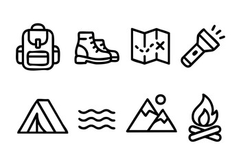 Essential gear for outdoor activities is displayed, including a backpack, boots, map, flashlight, tent, mountains, water, and a campfire, highlighting preparations for a wilderness trip.