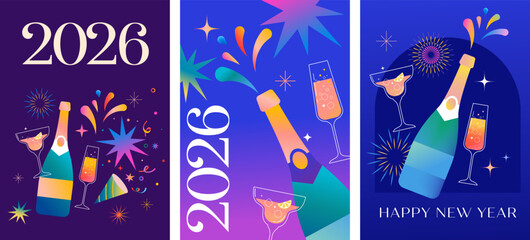 Happy New Year 2026 vertical backgrounds with champagne and fireworks © Marina Zlochin