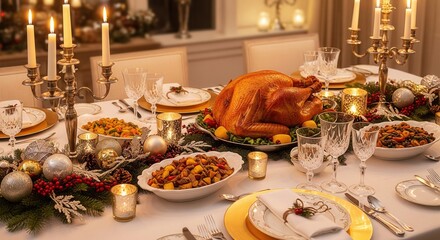 An elegant holiday dinner table is set with a roasted turkey, side dishes, and candlelight. The warm, festive atmosphere evokes tradition and celebration. Ideal for holiday content and culinary themes