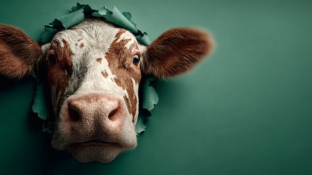 Curious cow peeking through torn green paper background