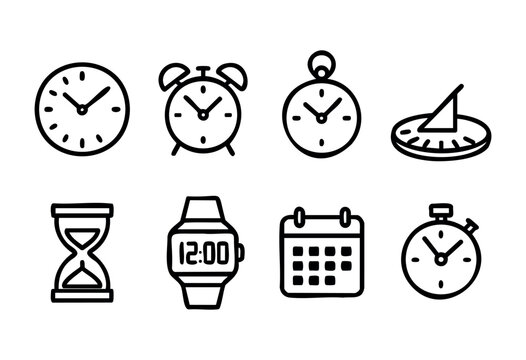 Various clocks and timekeeping devices are displayed in a simple black and white design. The collection includes wall clocks, alarm clocks, a stopwatch, and an hourglass.