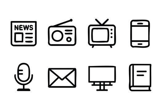 Simple icons display various forms of media, including a newspaper, radio, television, smartphone, microphone, email, monitor, and book. Each represents a different way to consume information.