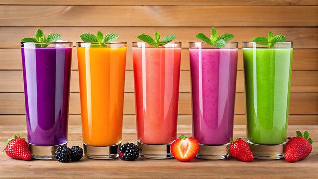 Five tall glasses filled with vibrant colorful smoothies and fresh fruit garnishes on a rustic wooden table