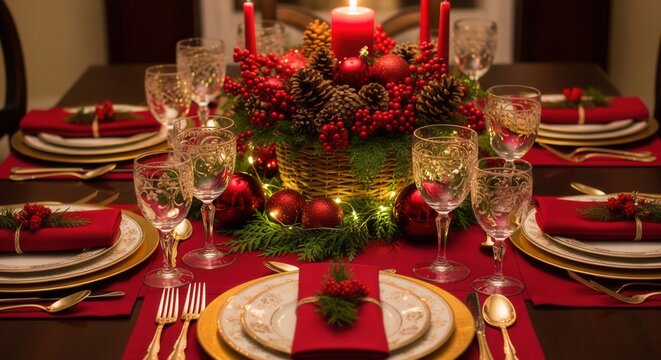 An elegant Christmas dining table set with red and gold decor and a candlelit centerpiece. The scene evokes a warm, festive mood. Ideal for holiday greetings, invitations, and entertaining concepts. - Powered by Adobe