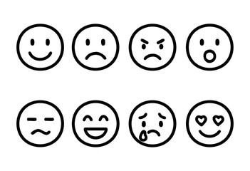 Fototapeta premium Emoticons represent a range of emotions including happiness, sadness, anger, surprise, love, and confusion. They are displayed on a plain background for easy understanding.