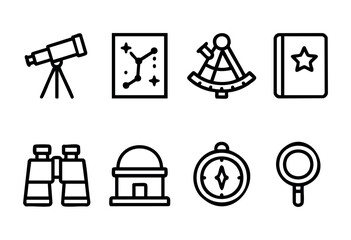 Various tools related to astronomy and navigation are displayed, including a telescope, compass, and binoculars. These items are useful for exploring the night sky and the outdoors.