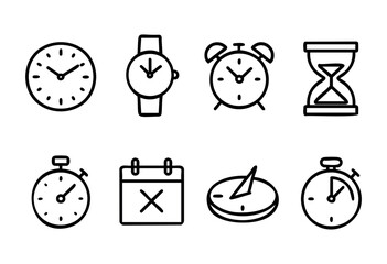 Different timekeeping devices are arranged in a neat grid. They include wall clocks, a wristwatch, an alarm clock, a stopwatch, a calendar, a sundial, and an hourglass, all in minimalist design.