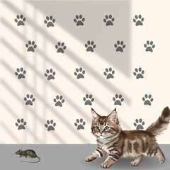 Cute tabby cat walking on a floor with paw prints on the wall isolated on white background
