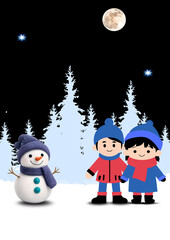 Cute cartoon snowman and children in winter scene isolated on white background