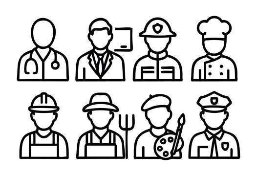 This artwork displays a variety of professions in a minimalistic line art style, including a doctor, chef, artist, and police officer, highlighting societal roles.