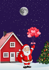 Santa claus holding red balloons in a snowy village at night isolated on white background