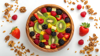 Vibrant overhead view of a healthy fruit salad bowl overflowing with fresh berries kiwi and mango
