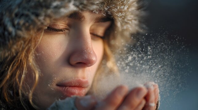 Woman blowing snow from hands in winter