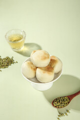 Traditional Mung Bean Cakes Asian Dessert with Tea Old Fashioned Sweet Treat