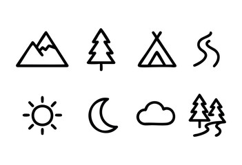 Various nature symbols depict mountains, trees, a tent, sun, moon, clouds, and rivers. These icons reflect outdoor adventures and serene landscapes in a minimalist design.