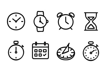 Fototapeta premium Several timekeeping devices are arranged in a grid layout. These include wall clocks, wristwatches, an alarm clock, and a stopwatch, each illustrated in a minimalistic style.