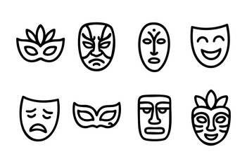 Different mask styles showcase a range of emotions including joy, sadness, and mystery, presented in a minimalist black and white design aesthetic.
