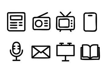 Simple black icons showcase various types of media, including a newspaper, radio, television, mobile phone, microphone, envelope, billboard, and a book.