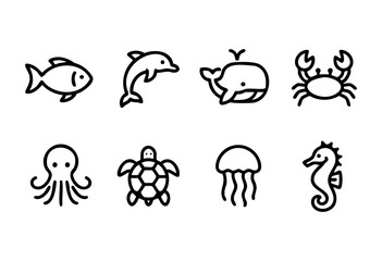 Line art showcases various marine animals including fish, a dolphin, a whale, a crab, an octopus, a turtle, jellyfish, and a seahorse against a minimalist background.