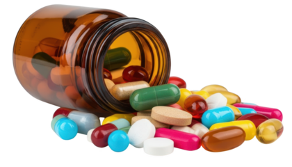 Pills spilling out of a brown medicine bottle